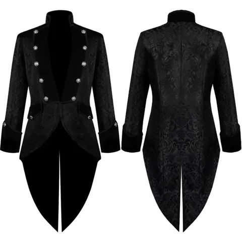 Traje de Cosplay Masculino Preto Retro, Casaco de Cauda, Fantasia Medieval Steampunk para Halloween, Gola Alta de Veludo, Smoking de Vampiro, Roupa de Palco