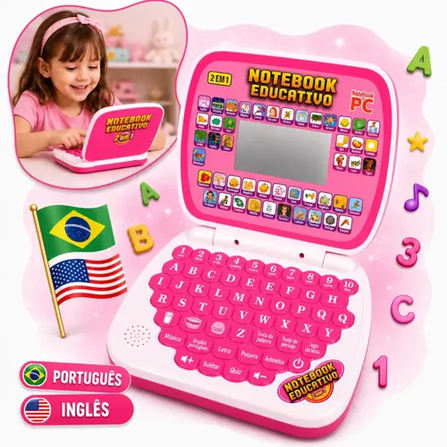 Laptop Educativo Bilíngue Rosa para Crianças com Música e Jogos