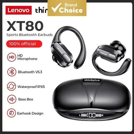 Lenovo XT80 Fones de Ouvido sem Fio Bluetooth com Controle Botão Microfone Redução Ruído Ganchos Esportes à Prova Dwater
