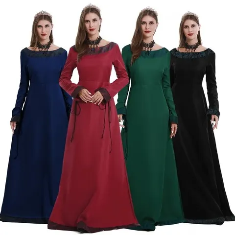 Vestido longo medieval feminino, com decote em V, mangas compridas, detalhes em renda e comprimento até o chão, ideal para festivais renascentistas e para usar em eventos de cosplay.