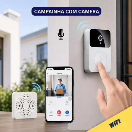Campainha com Câmera Vídeo Porteiro sem Fio Wi-Fi HD Inteligente Smart Home Vê Pelo Celular -bombara
