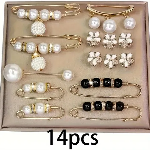 Conjunto de 14 Broches Elegantes de Pérolas Falsas, em Liga e Plástico, Formato Irregular, Adequado para Vestidos, Chapéus, Lenços, Etc.