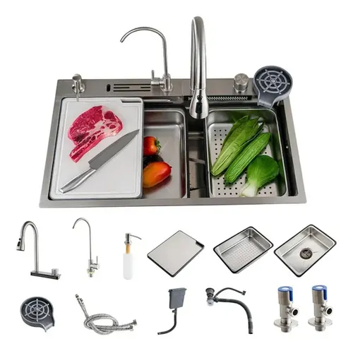 Cuba Cascata Premium Completa com Acessórios Torneira Monocomando e Lavador de Copos Cozinha Gourmet Aço Inox 304 Cor Prata Widna