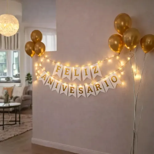 Faixa Feliz Aniversário Bandeirinha com Led 2 Metros Decoração de Festa Branco Pisca Letras Douradas Bvb
