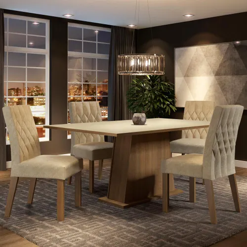Conjunto Sala de Jantar Madesa Ingrid Mesa Tampo de Madeira com 4 Cadeiras Rustic/Crema/Imperial