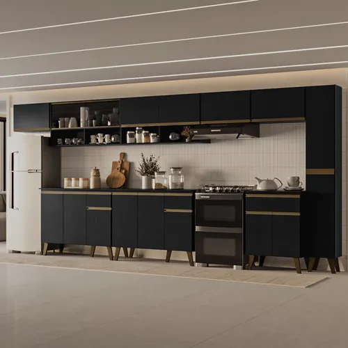 Armário de Cozinha Completa Atlanta Court com Vidro Carraro Preto Touch