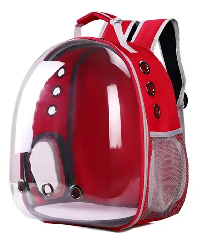 Mochila de transporte Pet Gatos e Cachorro Visão 360 Ventilação Transparente Passeio Vermelho