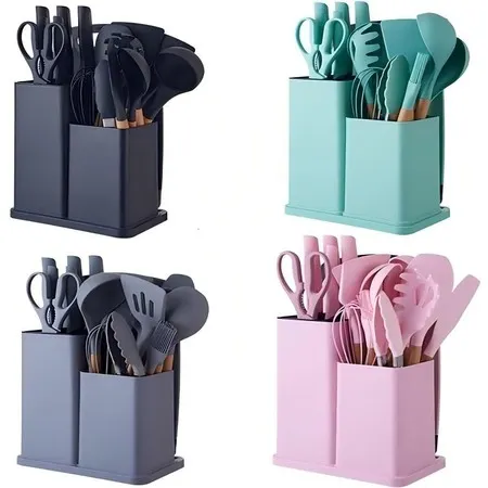 Kit Conjunto 19 Pçs de Utensílios Facas Silicone e Plástico Cozinha Jogo Completo Batedeira Colher Pegador