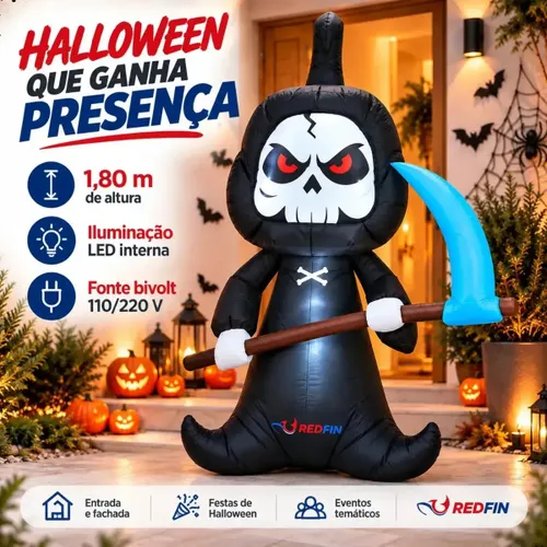 Decoração Halloween Ceifador Morte Inflável Gigante 1,80m com LED Iluminação Interna Foice Caveira Preta Bivolt 110V 220V Enfeite Festa Jardim Quintal Entrada Fachada Eventos Dia das Bruxas Redfin