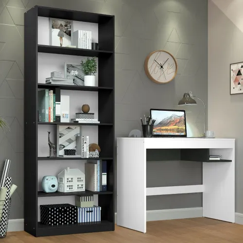 Escrivaninha Madesa Rubi + Estante Livreiro 6908 Branco/Preto