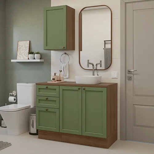 Conjunto Gabinete para Banheiro 110cm 3 Gavetas 3 Portas Rustic/Verde Vik Madesa 01