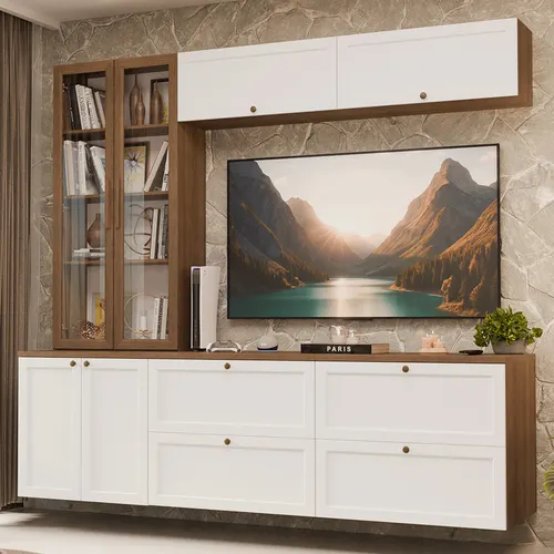 Estante Sala de Estar com Rack + Cristaleira 230cm Rustic/Branco/Rustic Vik Madesa 02