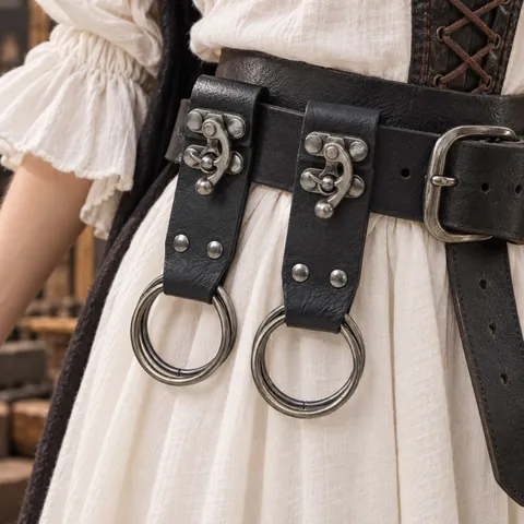 1 par de prendedores de saia de couro sintético estilo medieval, com argolas duplas, para usar em caminhadas, cinto para levantar a saia, estilo viking, renascentista, para feiras, LARP e fantasias.