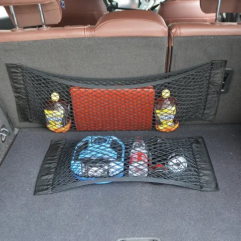 Organizador traseiro do assento de carro, rede de malha, bolso, corda elástica, adesivo mágico, universal, portátil, bolsa de armazenamento, acessórios para carro