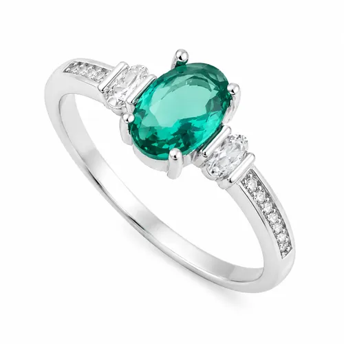 Anel Oval 7 mm com Zircônia Esmeralda e Zircônias Laterais em Prata 925