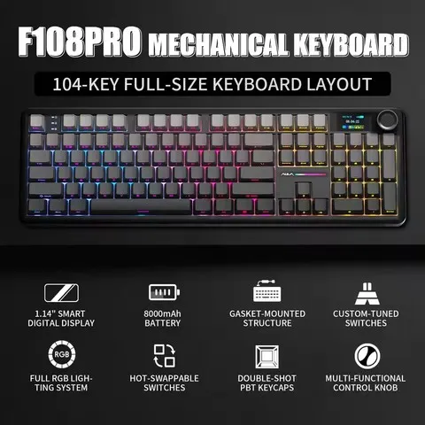Teclado Mecânico Gamer AULA F108 Pro Tri-Modo Personalizável com Múltiplos Botões, Tela RGB e Display Inteligente TFT para Esports sem Fio