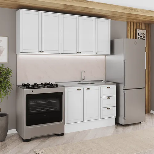 Armário de Cozinha Completa com Balcão Milla Lumina Carraro Branco