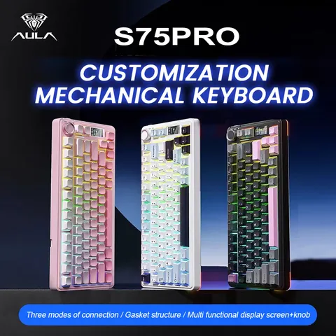 Teclado mecânico para jogos AULA S75 Pro 75% Hot Swappable RGB retroiluminado 4000mAh PBT Keycaps Teclado sem fio com botão de tela LED