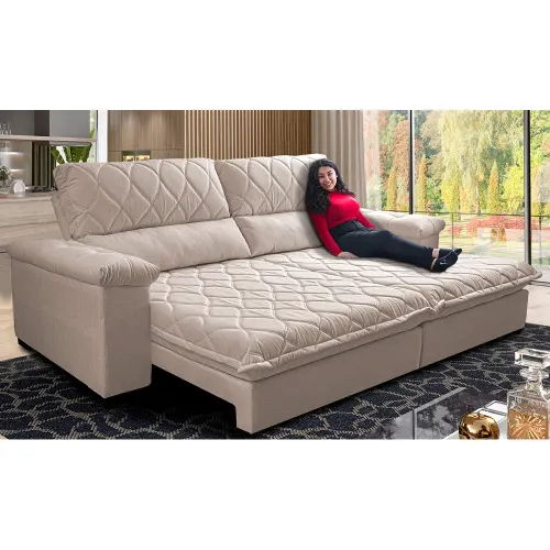 Sofá Retrátil e Reclinável Molas Ensacadas Cama inBox Big Home com Bordado 3D Linho