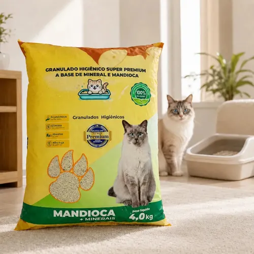 Areia Higiênica Granulado para Gatos 4kg Mandioca + Minerais Controle de Odores Alta Absorção Econômica Biodegradável Não Suja Patinhas Rende Mais Banheiro Sanitário Pet Super Premium