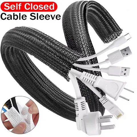 Protetor de Cabo Auto-fechante de 1-5M, Mangueira de PET Trançada Expansível para Gestão de Linhas, Protetor Flexível de Tubo
