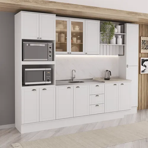 Armário de Cozinha Completa com Balcão Milla Sienna Carraro Branco