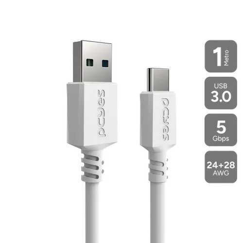 Cabo PCYES USB-A 3.0 para USB-C 5Gbps 15W Branco 1 Metro PUCAP3-1B