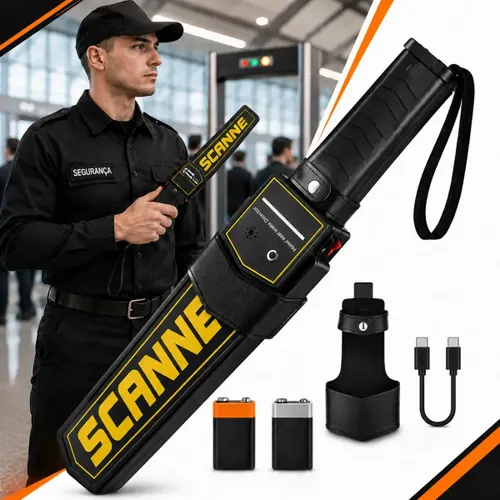 KIt Detector de Metais com 1 Bateria Recarregável + 1 Bateria Alcalina Descartável + Cabo para Carregamento Portátil Manual Sensor Scanner Profissional