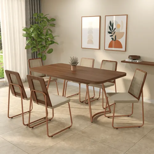 Conjunto Sala de Jantar 6 Cadeiras Alicante Carraro Nogal Rosê