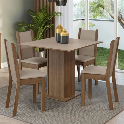 Conjunto Sala de Jantar Mesa Tampo de Madeira com 4 Cadeiras Rustic/Crema/Sintético Bege Madesa Alana
