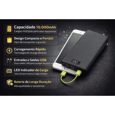 Carregador Portátil Power Bank 10000mAh/ 20000mAh Carregamento Portatil Compacto USB Iphoe ou Tipo C