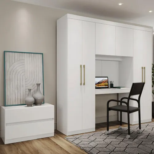 Guarda Roupa Casal 6 Portas 2 Gavetas Porto Branco com Escrivaninha Carraro