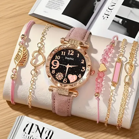 Conjunto de 6 peças: relógio e pulseira femininos, com mostrador digital circular, design moderno e casual, e bracelete em couro sintético (PU). Relógio feminino (sem caixa).