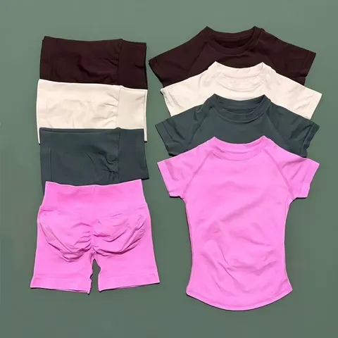 Conjunto de Roupas de Ginástica HISTELLO para Mulheres, 2 Peças, Camiseta de Manga Curta, Roupas de Yoga sem Costura, Conjunto de Leggings Curtas para Treino e Corrida