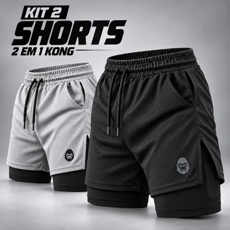 Kit 2 Shorts Masculino Kong 2 em 1 com Compressão, Bolso para Celular e Tecido Dry Fit