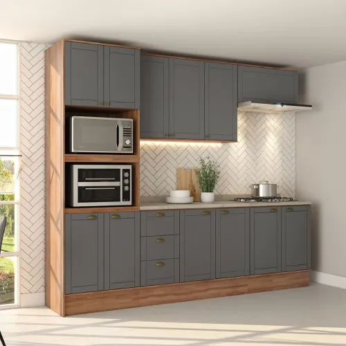 Armário de Cozinha Completa c Balcão Milla Bloom Carraro Nogal Cinza Titânio