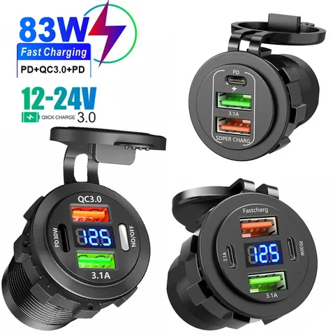 Novo carregador usb para carro pd3.0 e qc3.0, tomada de carregamento rápido com voltímetro interruptor liga/desliga 12/24v para motocicleta, barco, acessórios automotivos