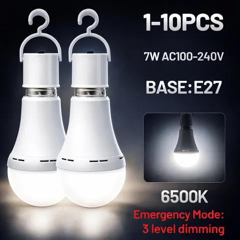 Lâmpada LED de Emergência Recarregável E27 7W 1500mAh 6500K com 3 Modos Reguláveis, Luminária Portátil Suspensa para Falha de Energia, Acampamento e Varanda
