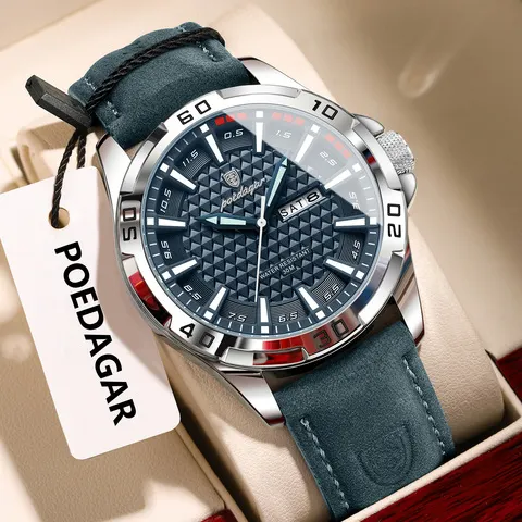 Poedagar original relógio masculino de luxo à prova dwaterproof água luminosa data semana relógio para homem quartzo couro moda relógios masculinos reloj hombre