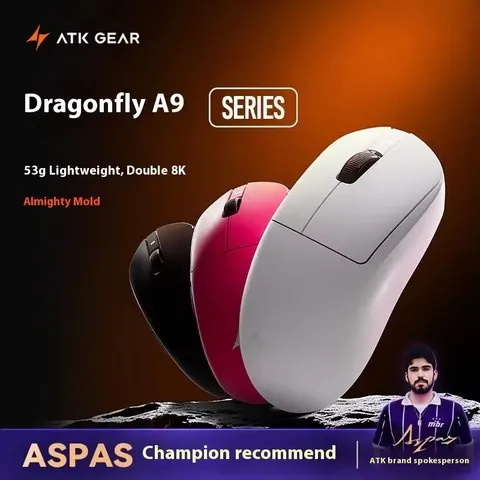 Mouse Gamer sem Fio ATK Dragonfly A9 Pro Max com Sensor Ultra PAW3395, Leve (57g), Taxa de Polling de 8K, Tri-Modo 2.4G/Bluetooth/Com Fio