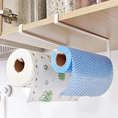Suporte de armazenamento suspenso, sem necessidade de furos, para guardar rolos de papel toalha e filme plástico, organizador para armários de cozinha.