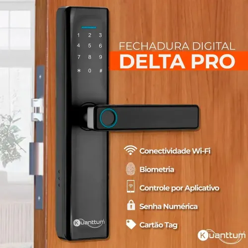 Fechadura Digital Eletrônica Inteligente Kuanttum Delta Pro Wi-Fi Biométrica de Embutir com Maçaneta para Porta de Madeira Senha Cartão Tag RFID Chave App Tuya Abertura Remota Preta