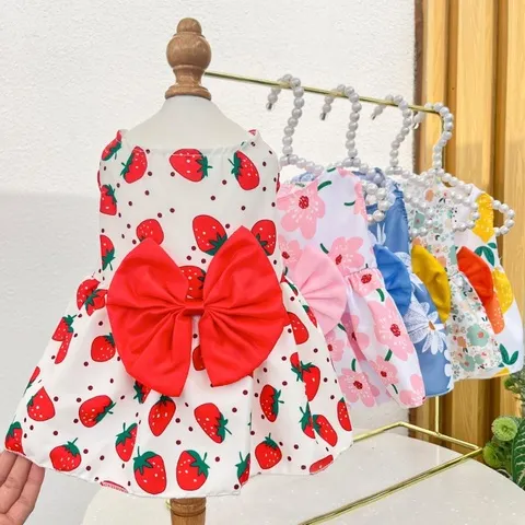 Cão princesa vestido de verão gatinho saia para animais de estimação bonito impresso arco rendas vestidos para cães pequenos médios filhotes poodle chihuahua vestuário