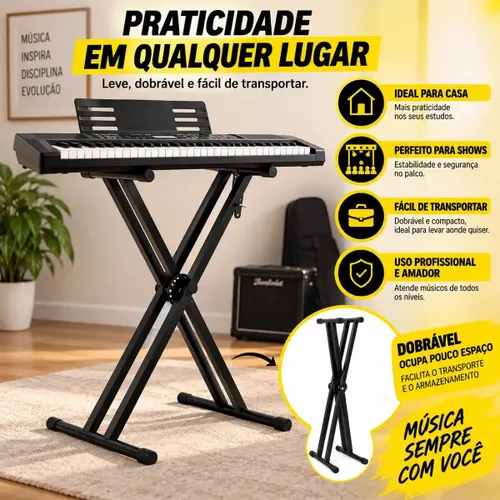 Suporte Estante Pedestal X para Teclado Piano Duplo Musical Reforçado Don Caprini Ajustável Dobrável com Apoios Emborrachados 25 Kg