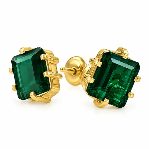 Brinco Retangular com Turmalina Verde em Ouro 18k