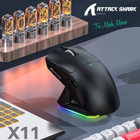 Mouse sem fio Attack Shark X11, conexão tripla, PixArt PAW3311, base de carregamento magnético sensível ao toque, mouse macro para jogos