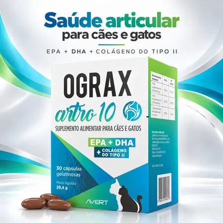 Ograx Artro 10 Colágeno Tipo II para Cães e Gatos Avert 30 Cápsulas EPA DHA Envio Imediato