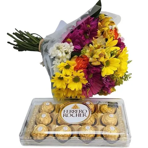 Buquê de Flores do Campo com Rosas e Ferrero