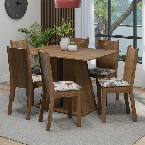 Conjunto Sala de Jantar Mesa Tampo de Madeira 6 Cadeiras Rustic/Hibiscos Sharon Madesa