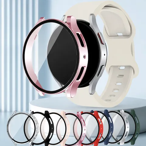 Capa de Relógio PC + Vidro Temperado para Samsung Galaxy Watch7/6/5/4 40/44mm, Capa Protetora Completa para Tela, Acessórios para Galaxy Watch